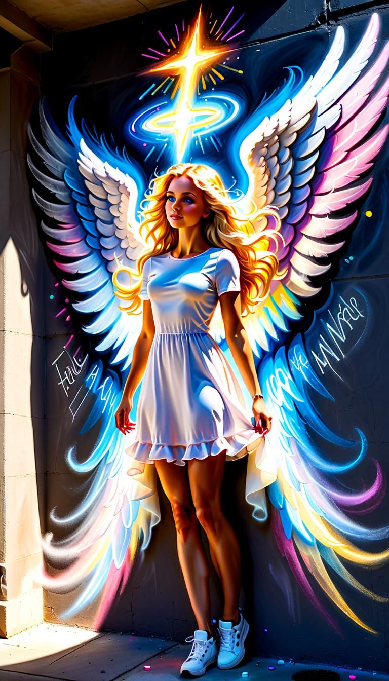 Colorful Chalk Angel with Wings and Halo