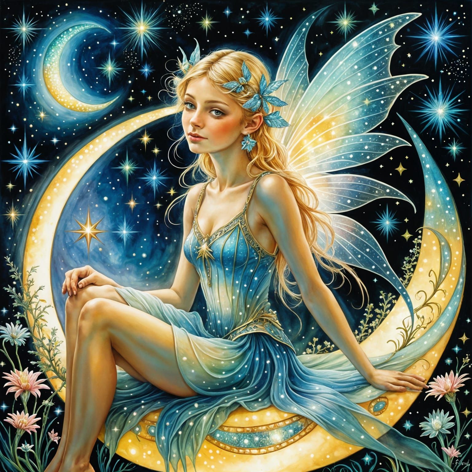 Sparkling Fairy on Crescent Moon in Watercolor
