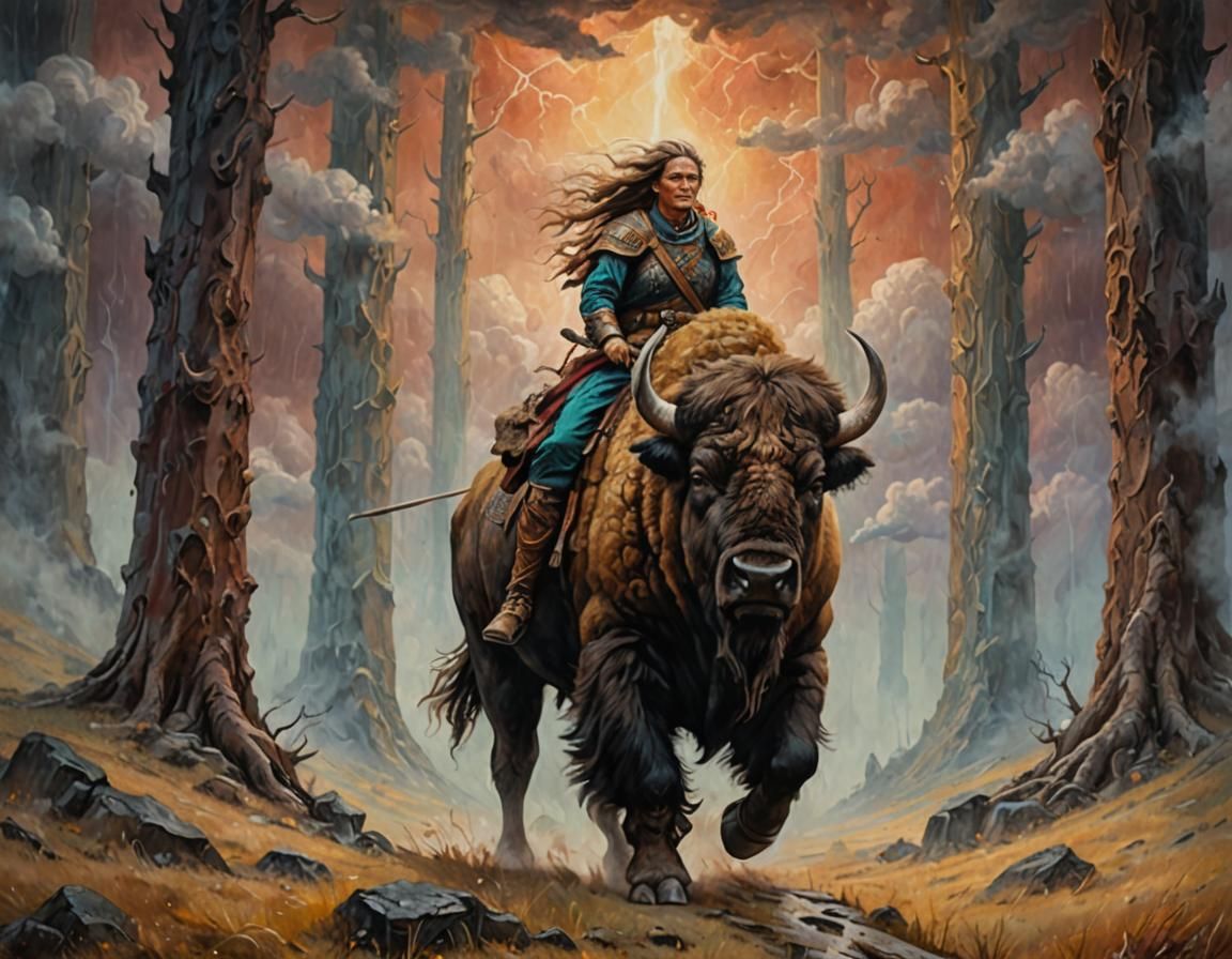 Bison Rider in Stormy Terrain: Surreal Oil Painting