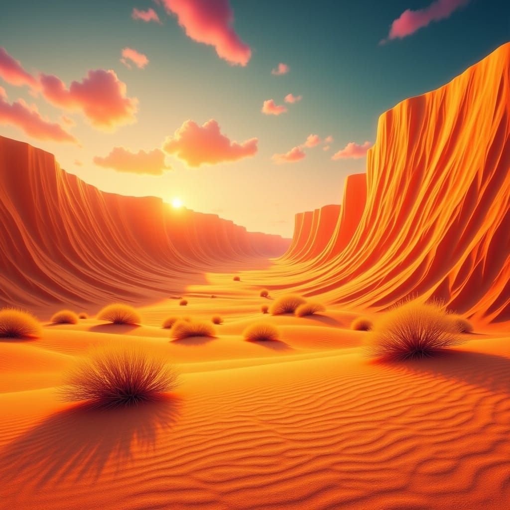 Surreal Desert Landscape with Golden Dunes