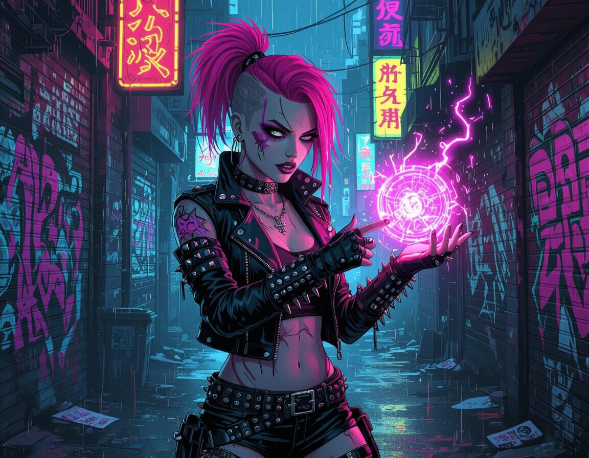 Punk Sorceress Conjuring Energy in Grimy Alleyway
