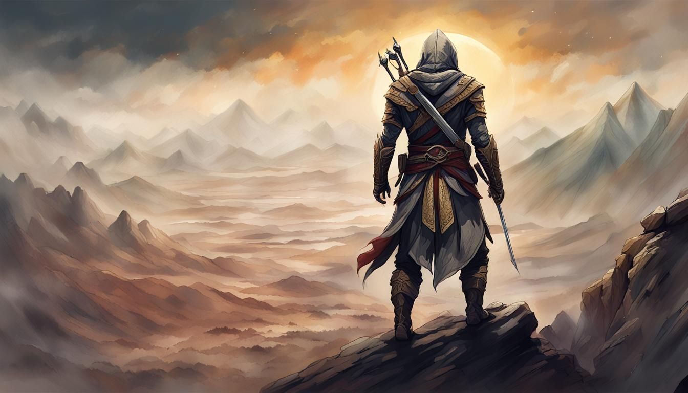Hooded Warrior Gazing Over Desert Landscape