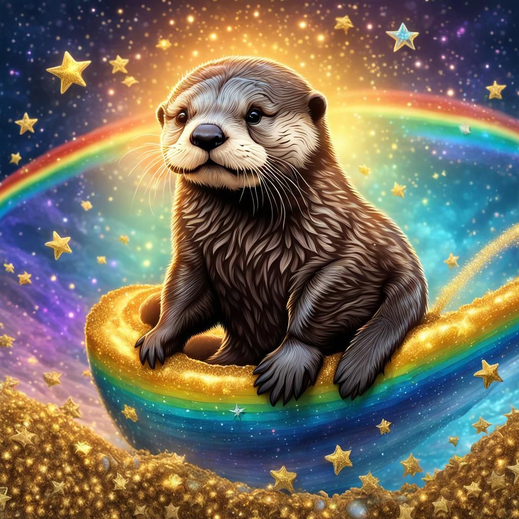 Baby Otter Rides Rainbow in Comic Art Style