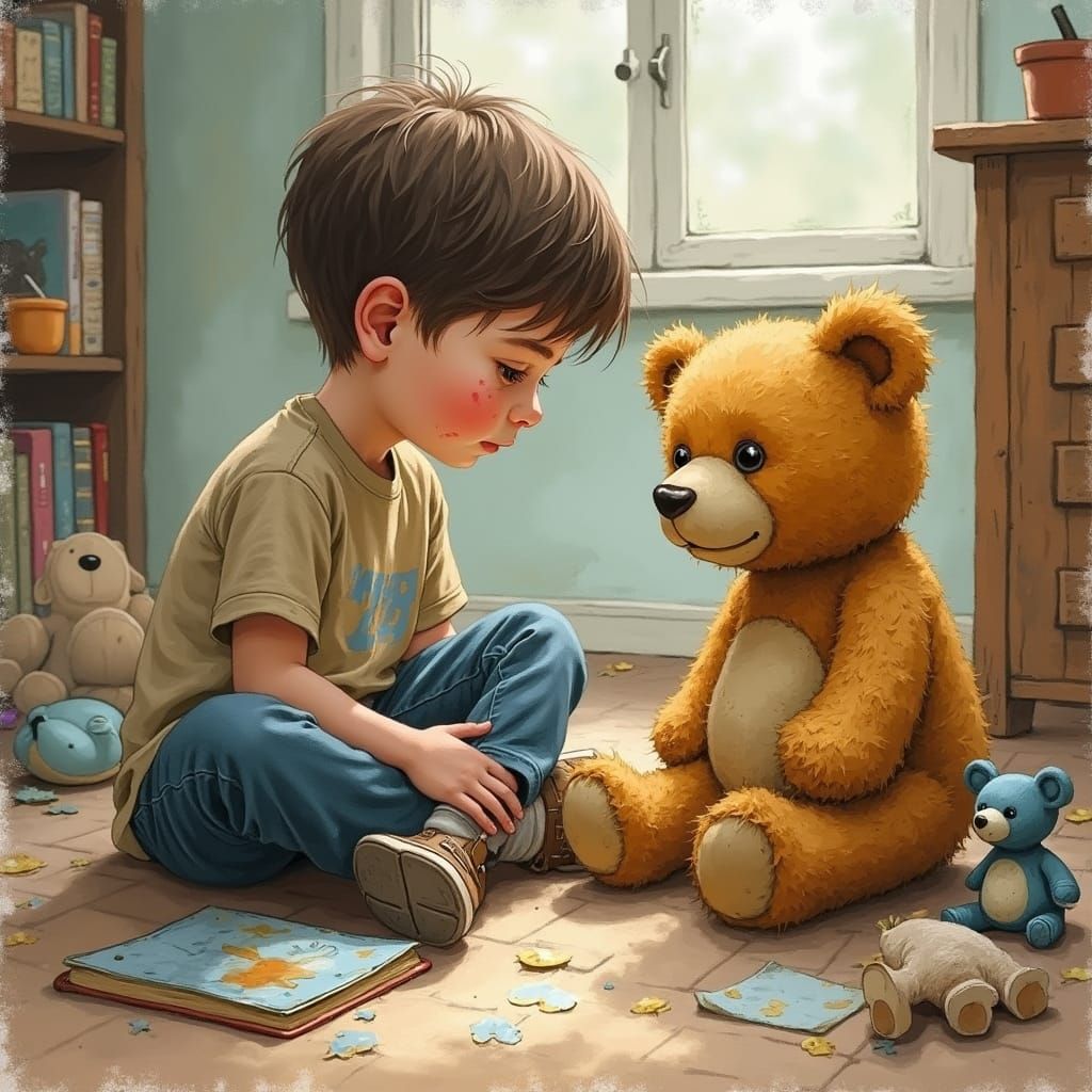 Boy and Teddy Bear in Watercolor Illustration