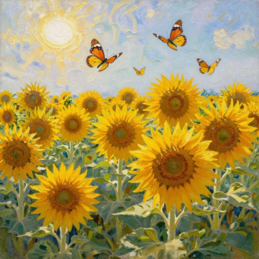 Vibrant Sunflower Field with Butterflies in Impressionistic ...
