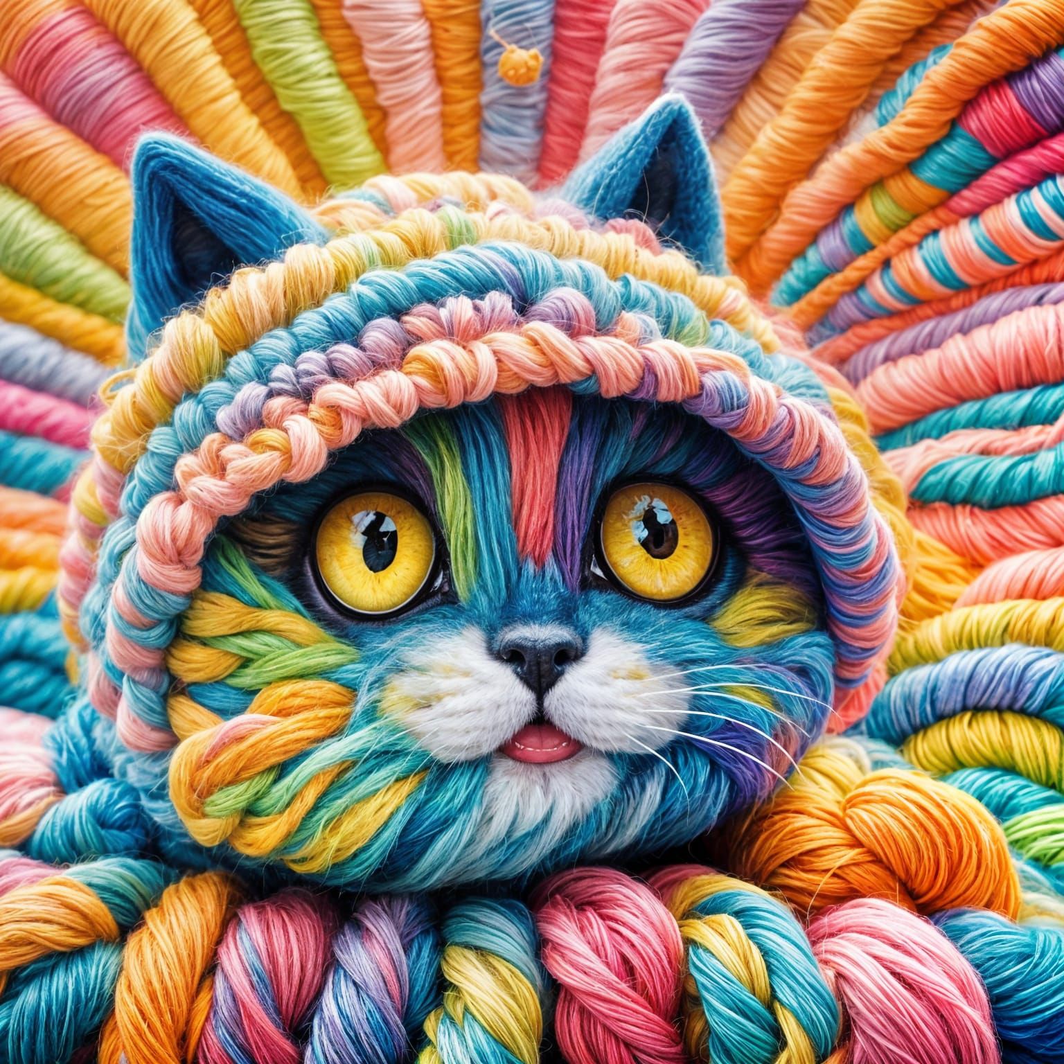 Cute Knitted Cat Plays with Toy Fish