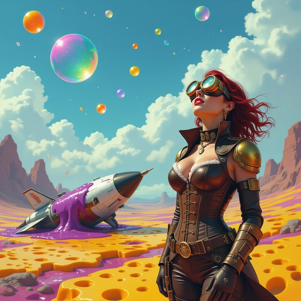 Steampunk Captain on Cheese Planet with Bubbles