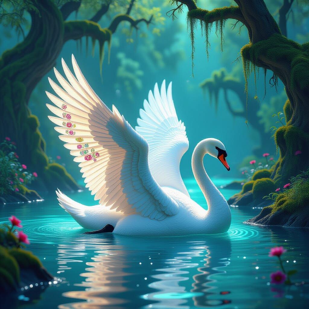 Biomechanical Swan in Bioluminescent Lagoon