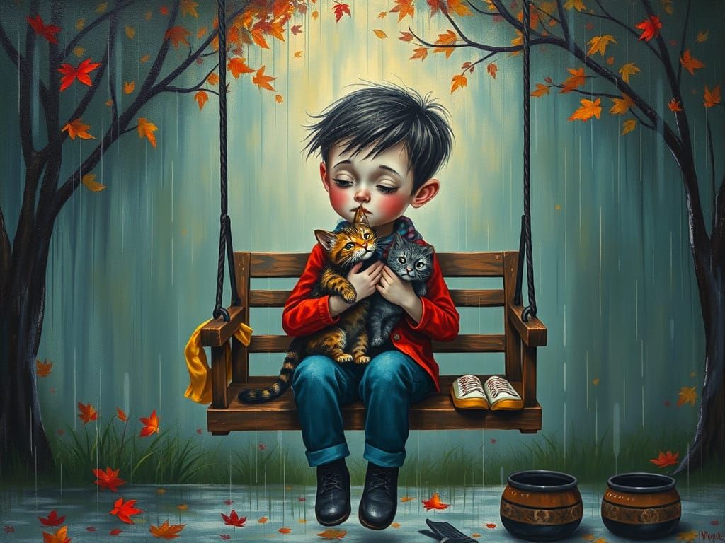 Boy Holds Kitten on Rainy Porch Swing, Pop Surrealism Art