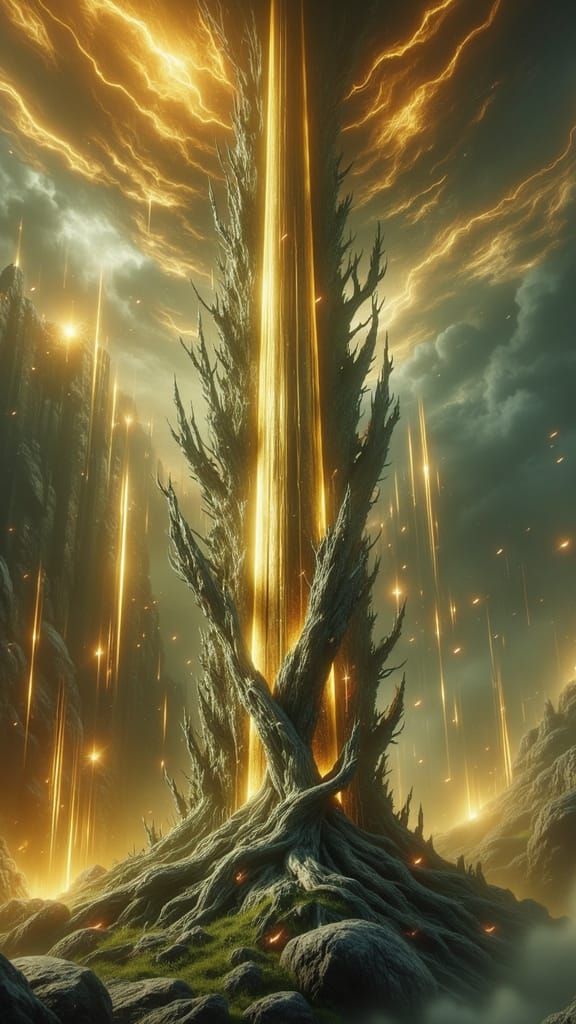 Golden Obelisk Pine Tree Fusion in Surreal Style