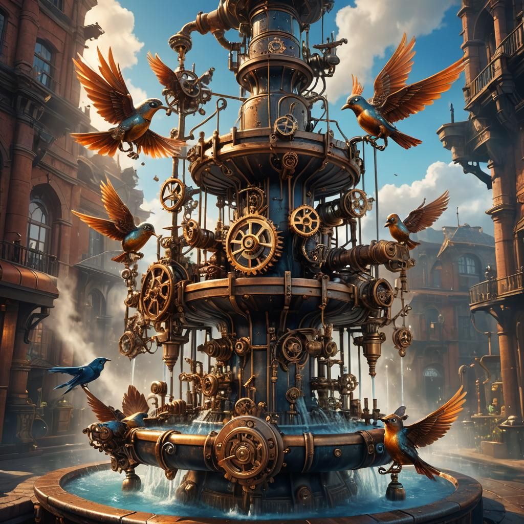 Steampunk Fountain with Birds in Golden Light