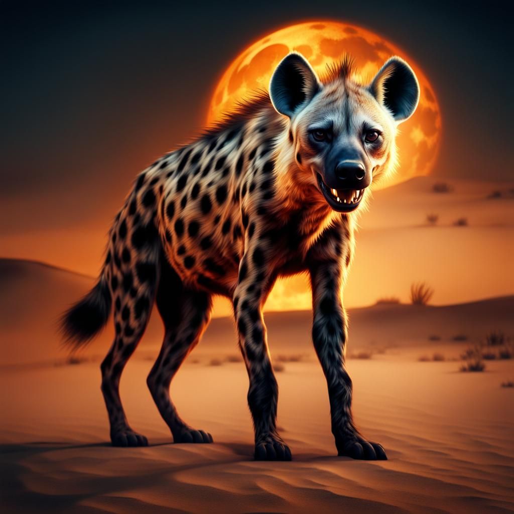Fiery Hyena Walks Desert in Digital Painting