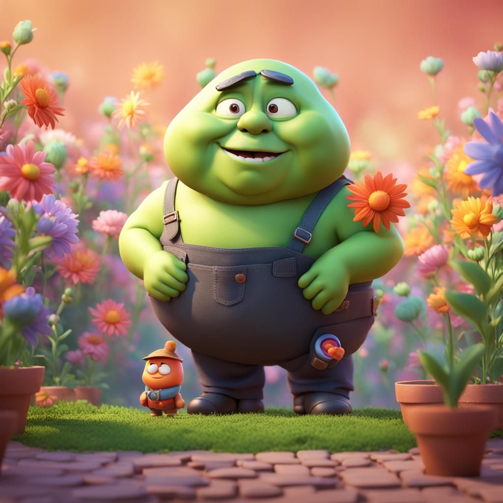 Chubby Man Spring Planting: Pixar Style 3D Art