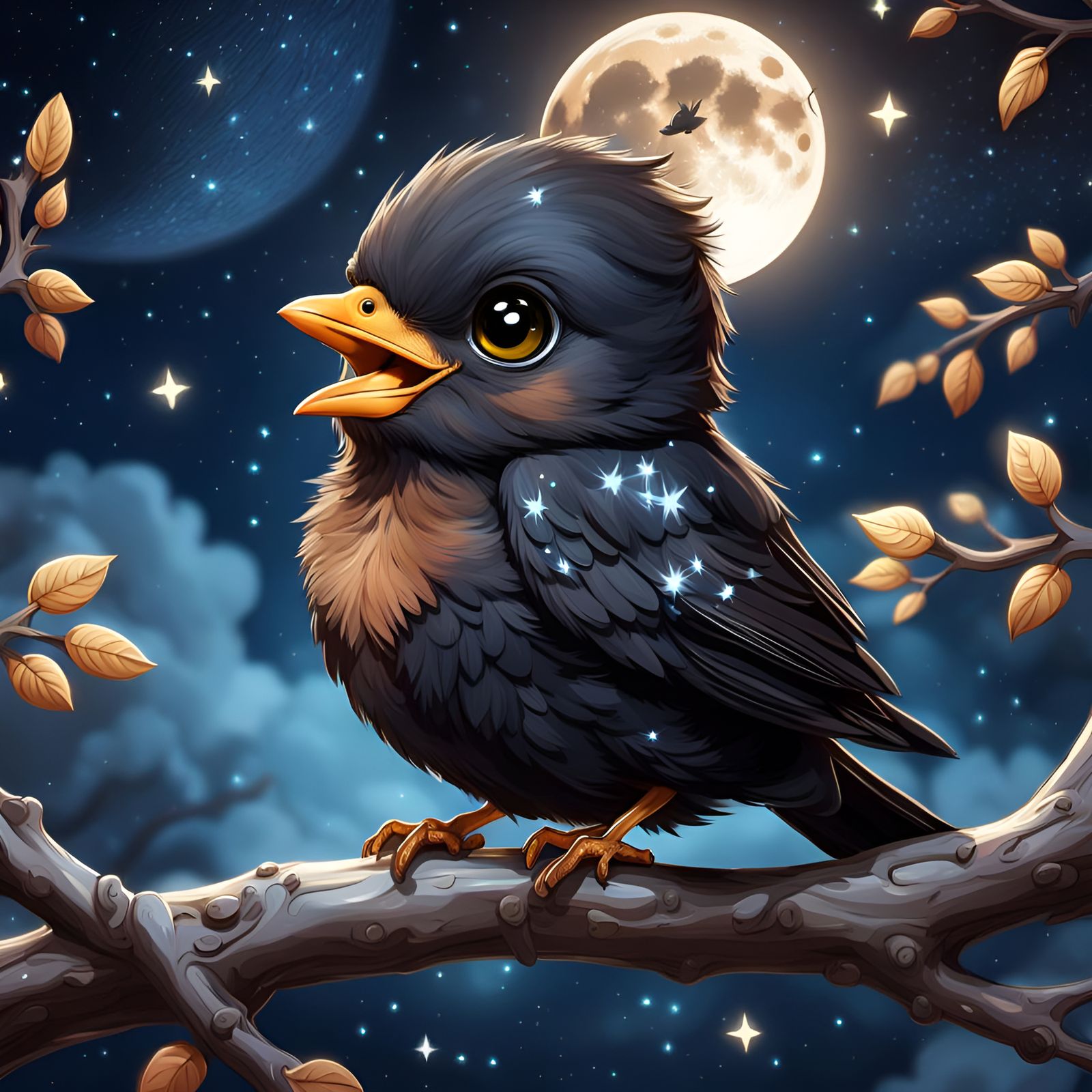 Chibi Blackbird Serenade Under the Moonlit Sky