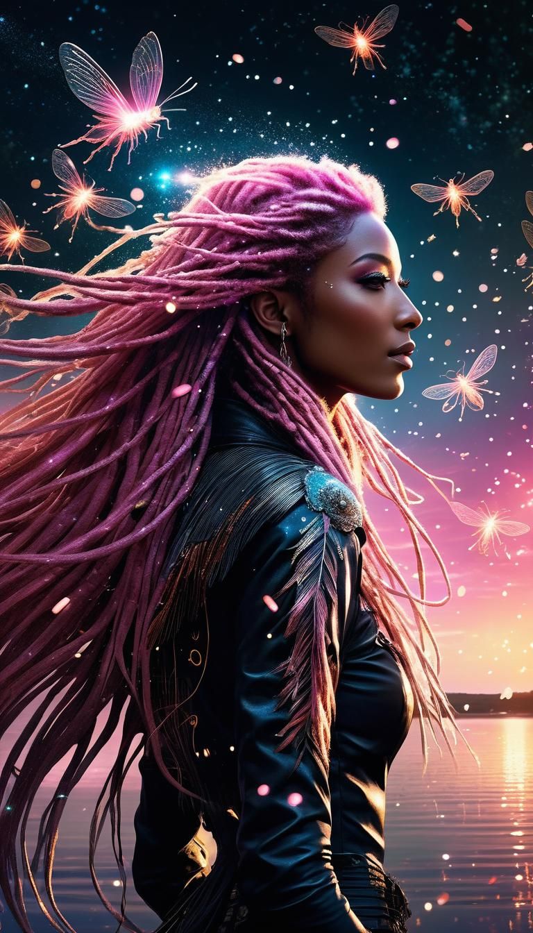 Pegasus Girl with Pink Dreadlocks in Astral Style