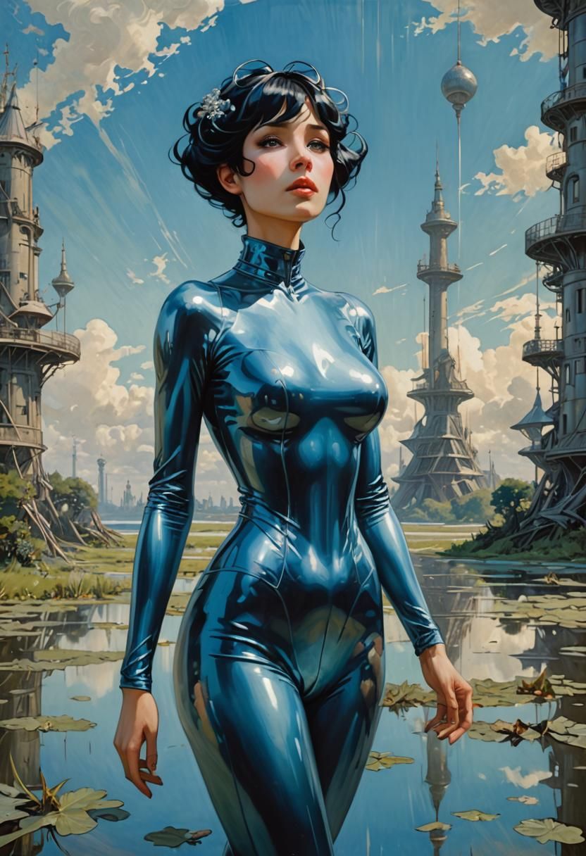 Woman in Latex Suit Gazing Upward, Art Nouveau