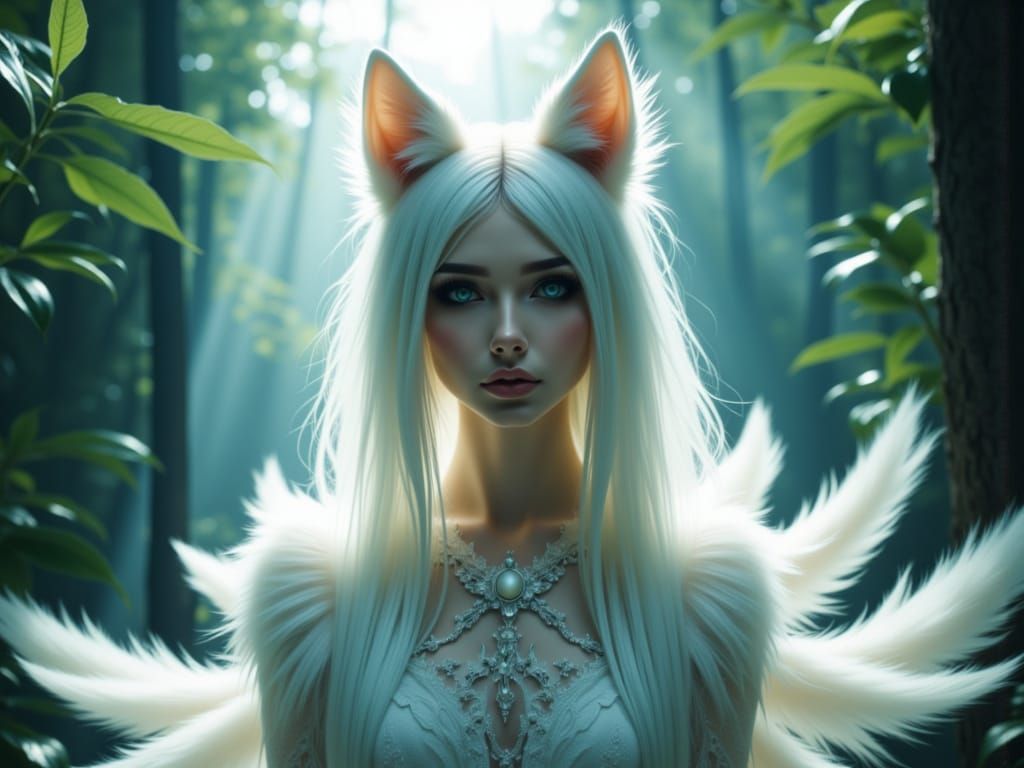 Mystical Forest Woman with Wolf Ears and Kitsune Tails