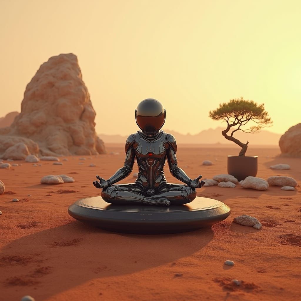Astronaut Meditating in Zen Garden on Mars