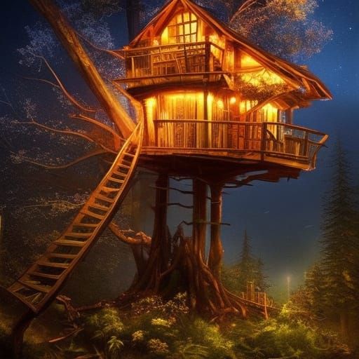 Illuminated Treehouse at Night: Digital Concept Art