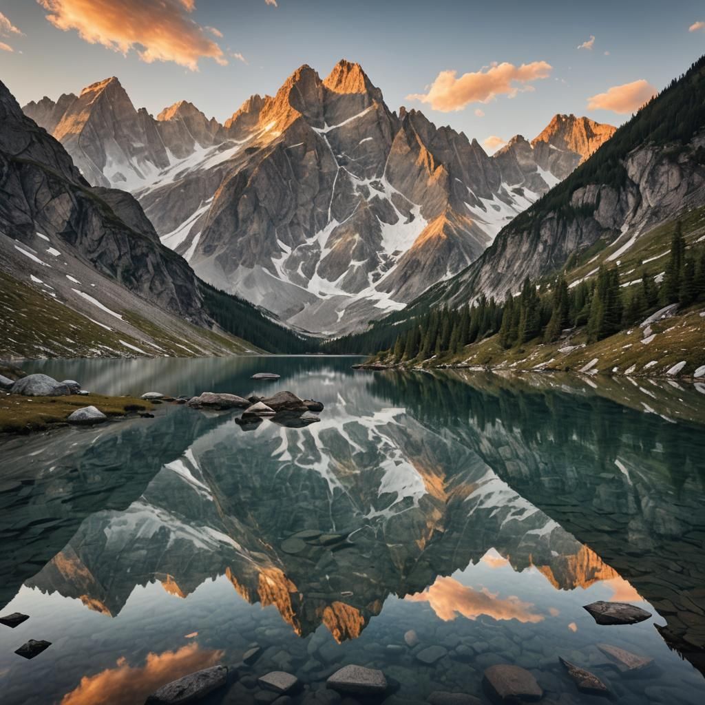 Alpine Lake Reflects Mountain Peaks at Sunrise