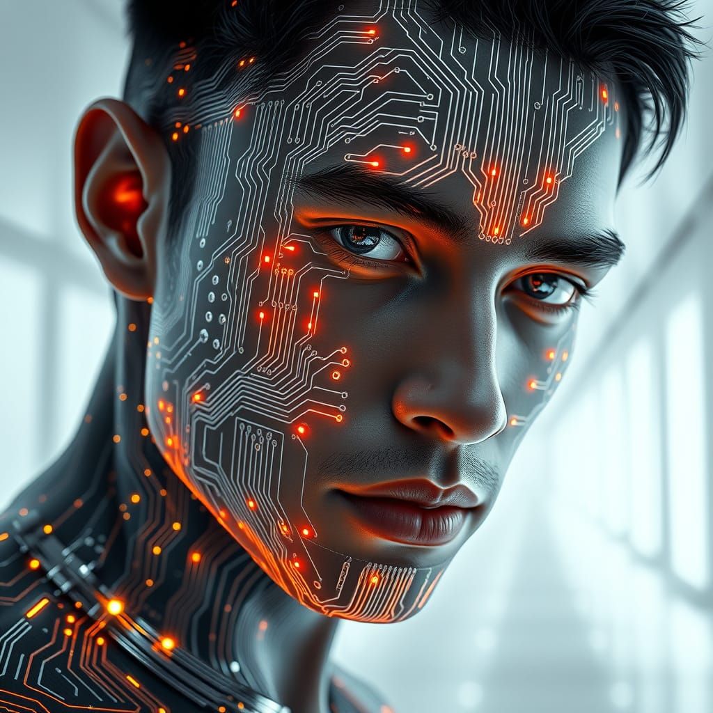 Man's Face Covered in Glowing Circuitry: Digital Art