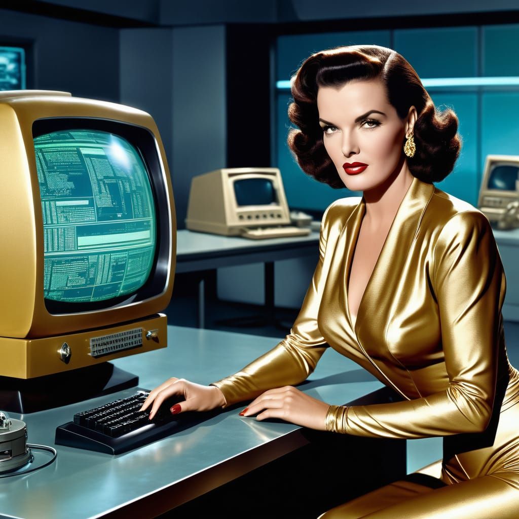 Retro Sci-Fi Lab Scene with Golden Jumpsuit