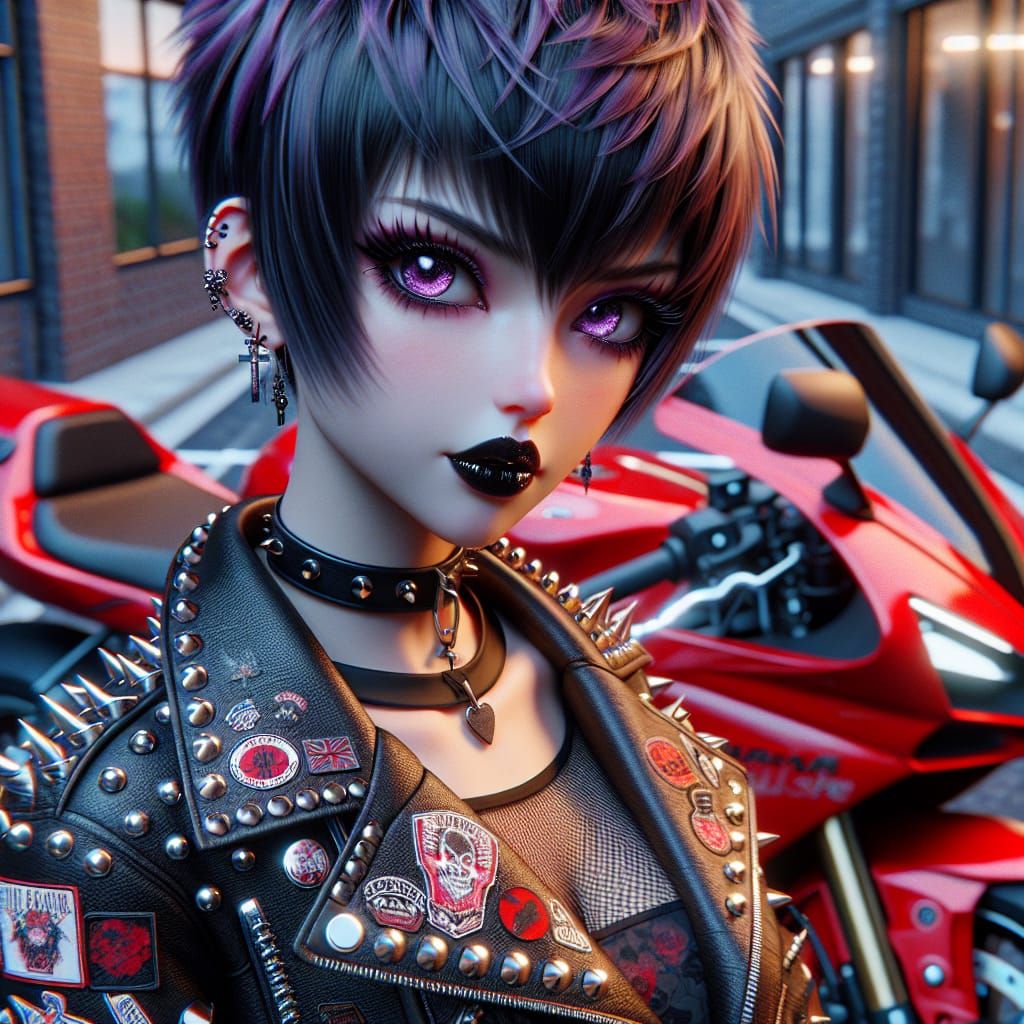 Anime Punk Goth Girl on Motorcycle in 3D Style
