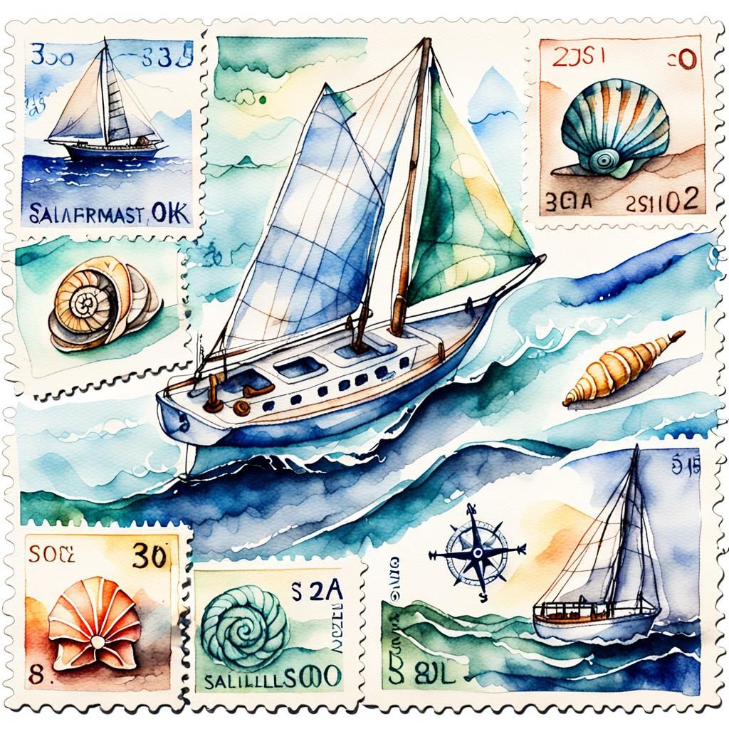 Watercolor Stamps: Sea Knots, Sailboats, Compasses, Shells