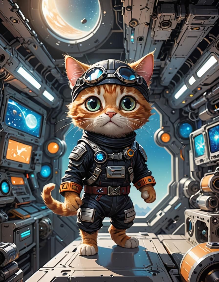 Cat Ninja in Space Station: Hyperdetailed Digital Art