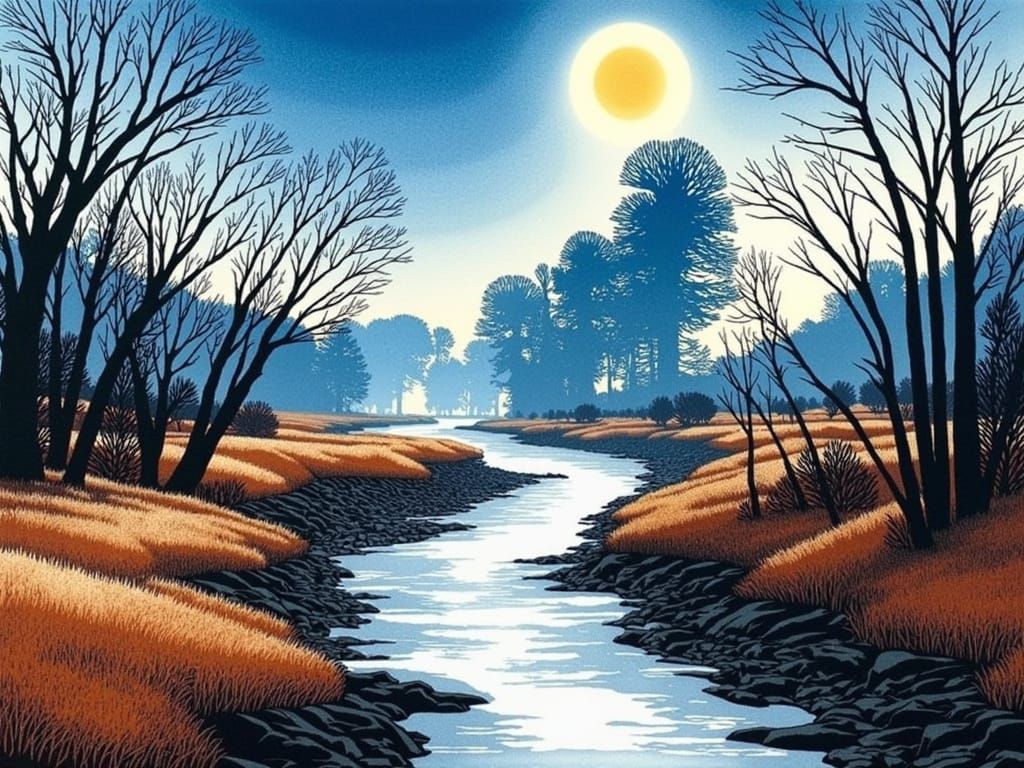 Misty Autumn Valley in Ink Drawing Style