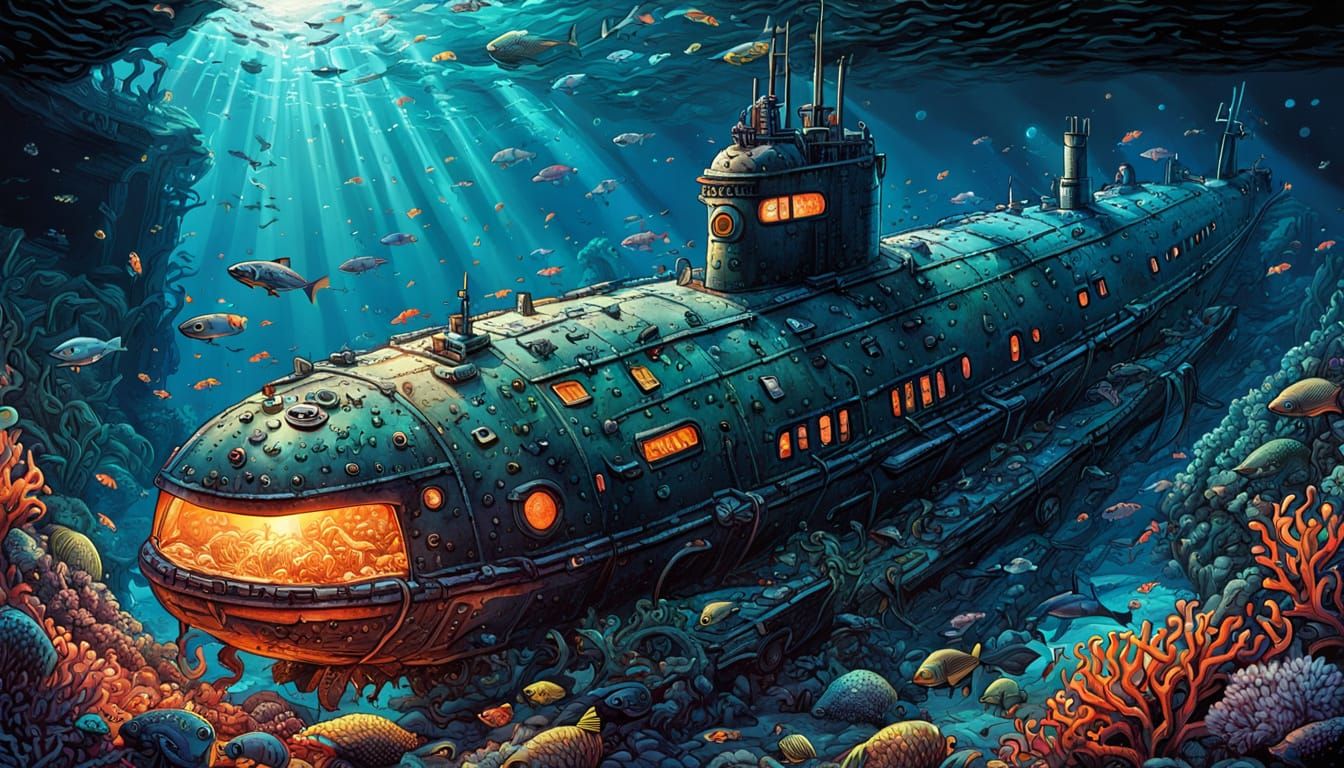 Vibrant Comic Book Submarine Reef