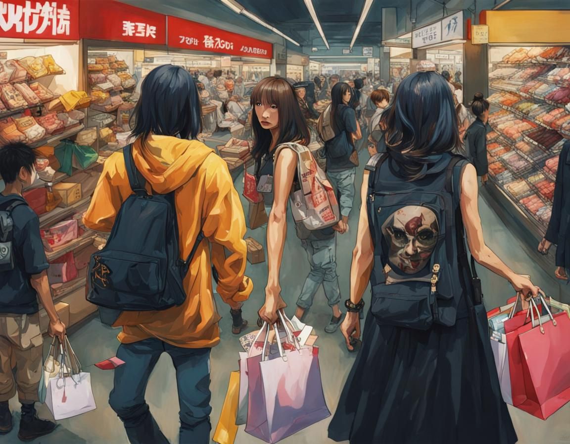 , the purge fused with shopping spree (riot:1), in the style of Ayami Kojima