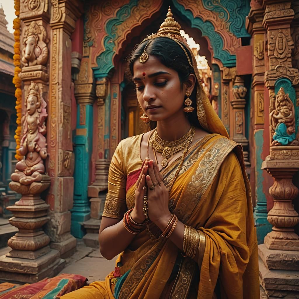 Woman Praying to Lord Ganesha in Baroque Style