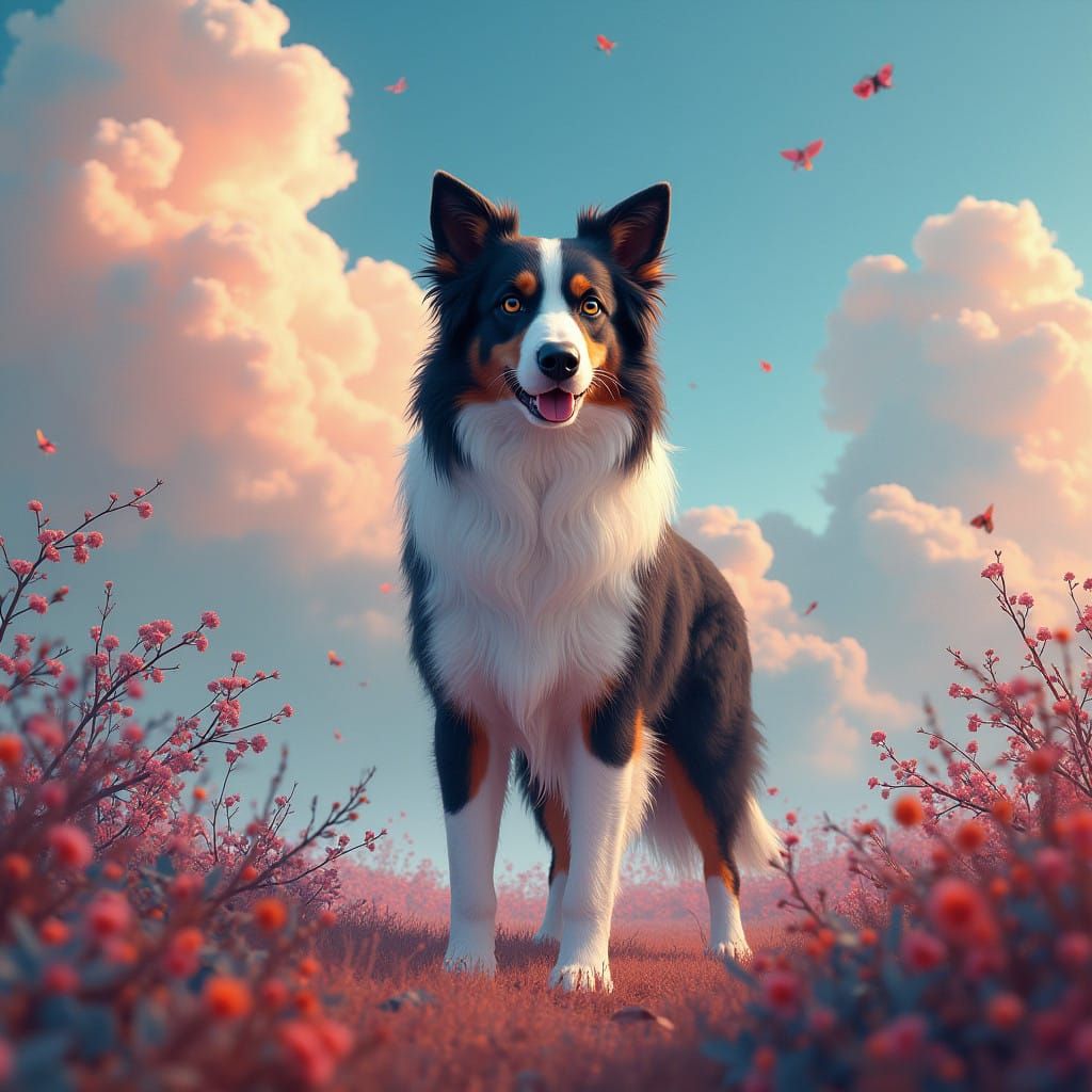 Surreal Border Collie Majesty in Whimsical Dreamlike Landsca...