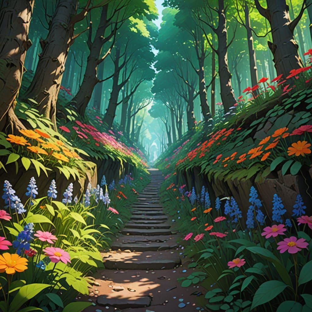 Anime Forest Path with Vibrant Flowers