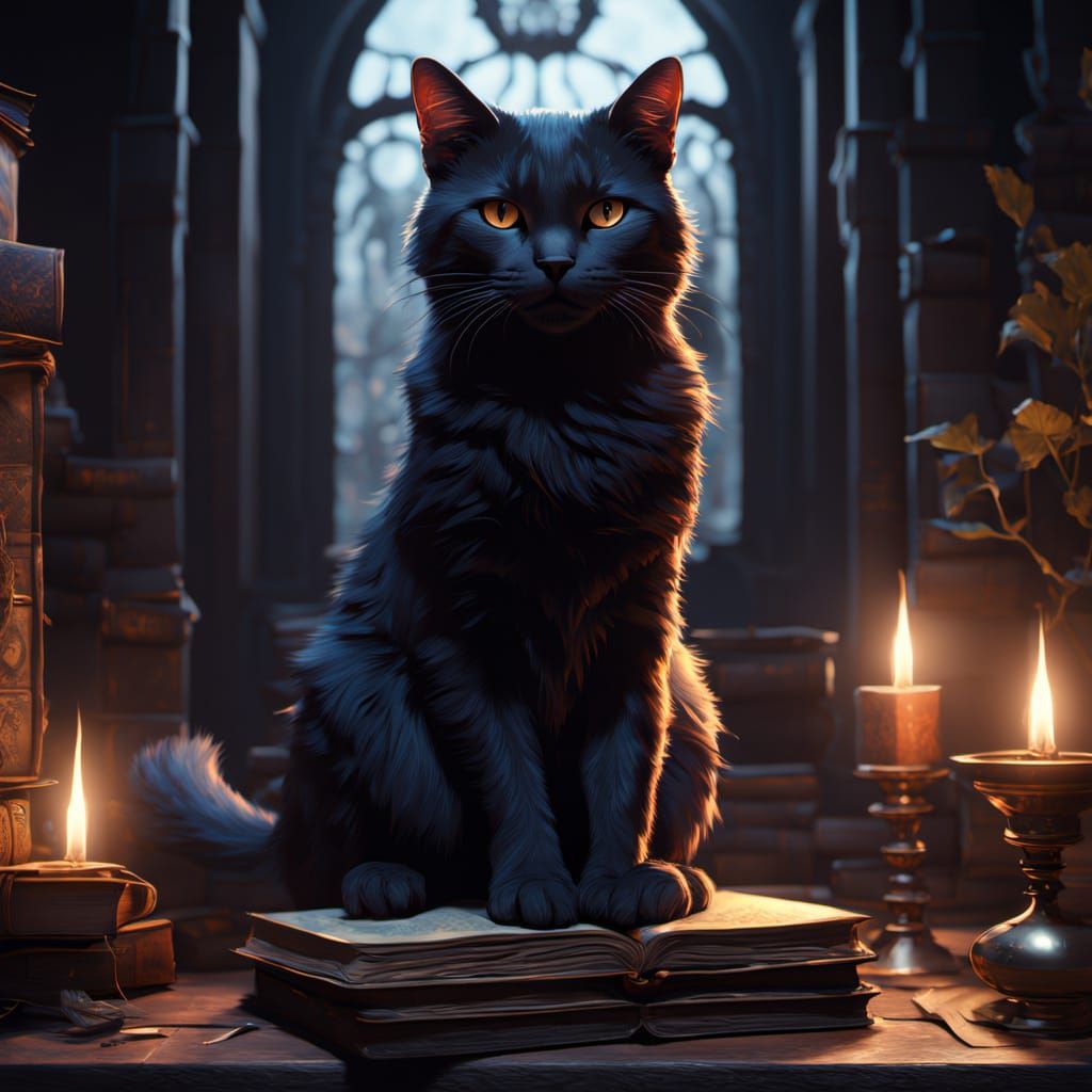 Black Cat on Book Tower in Dark Fantasy Art