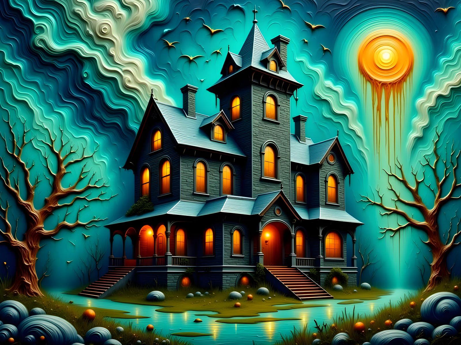 Haunted Gothic Castle in Impasto Oil Painting Style