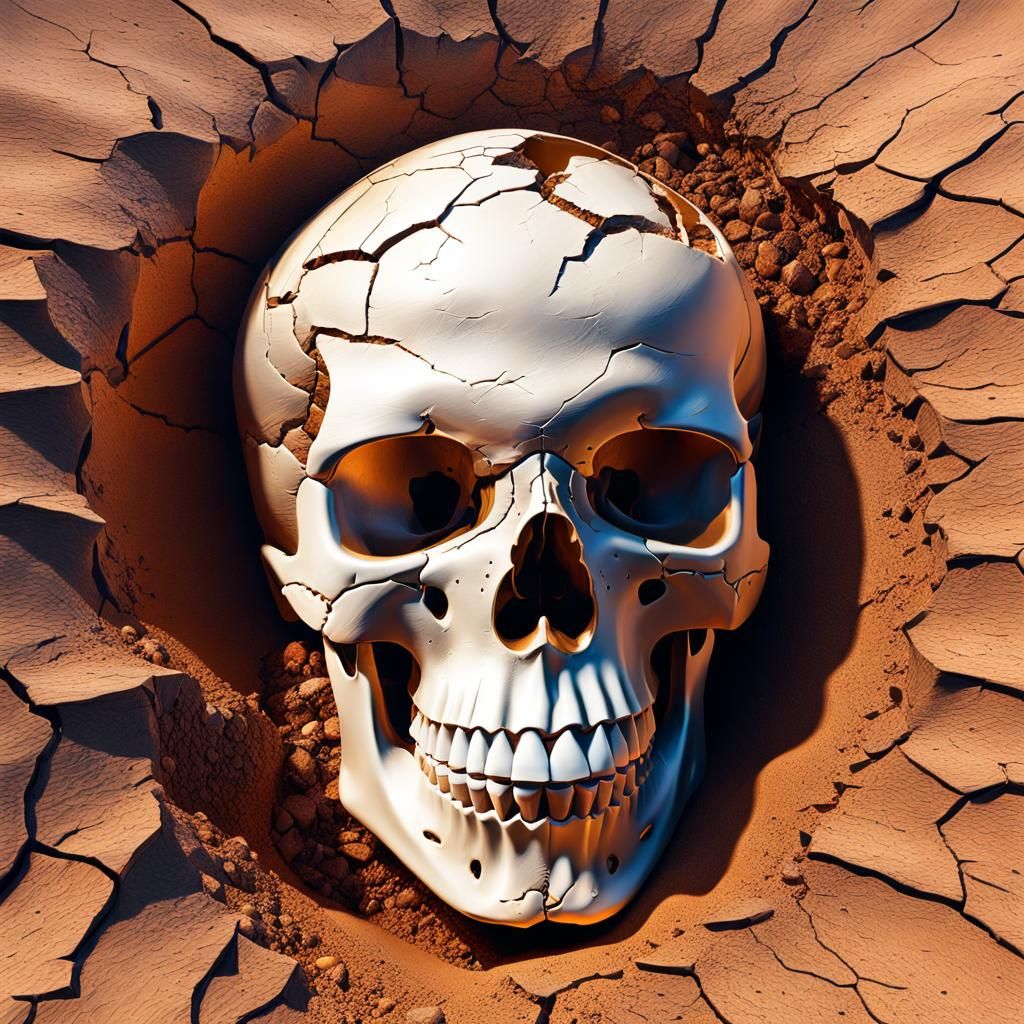 Hyperrealistic Shattered Skull on Cracked Ground