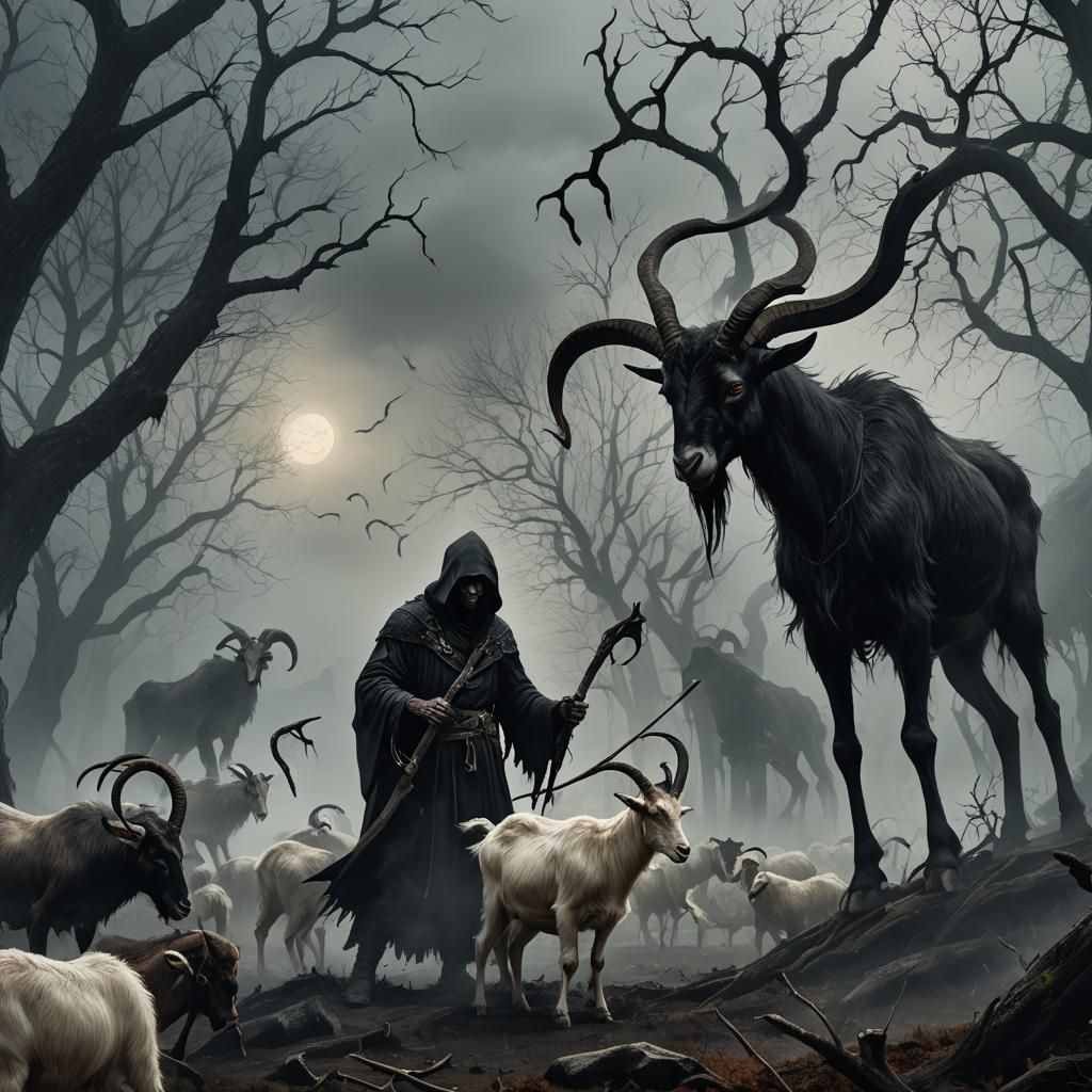 Eerie Reaper Milks Goats in Misty Landscape
