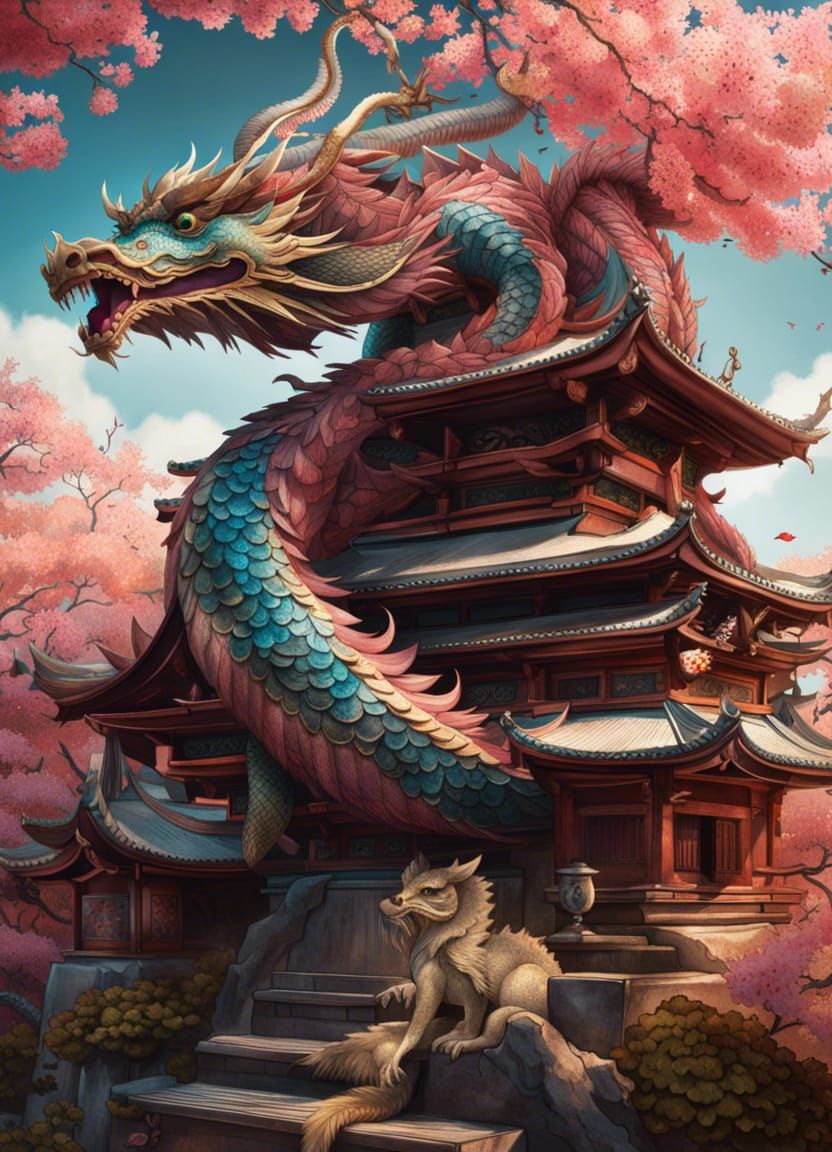 Detailed Dragon on Sakura Shrine, Fantasycore Art