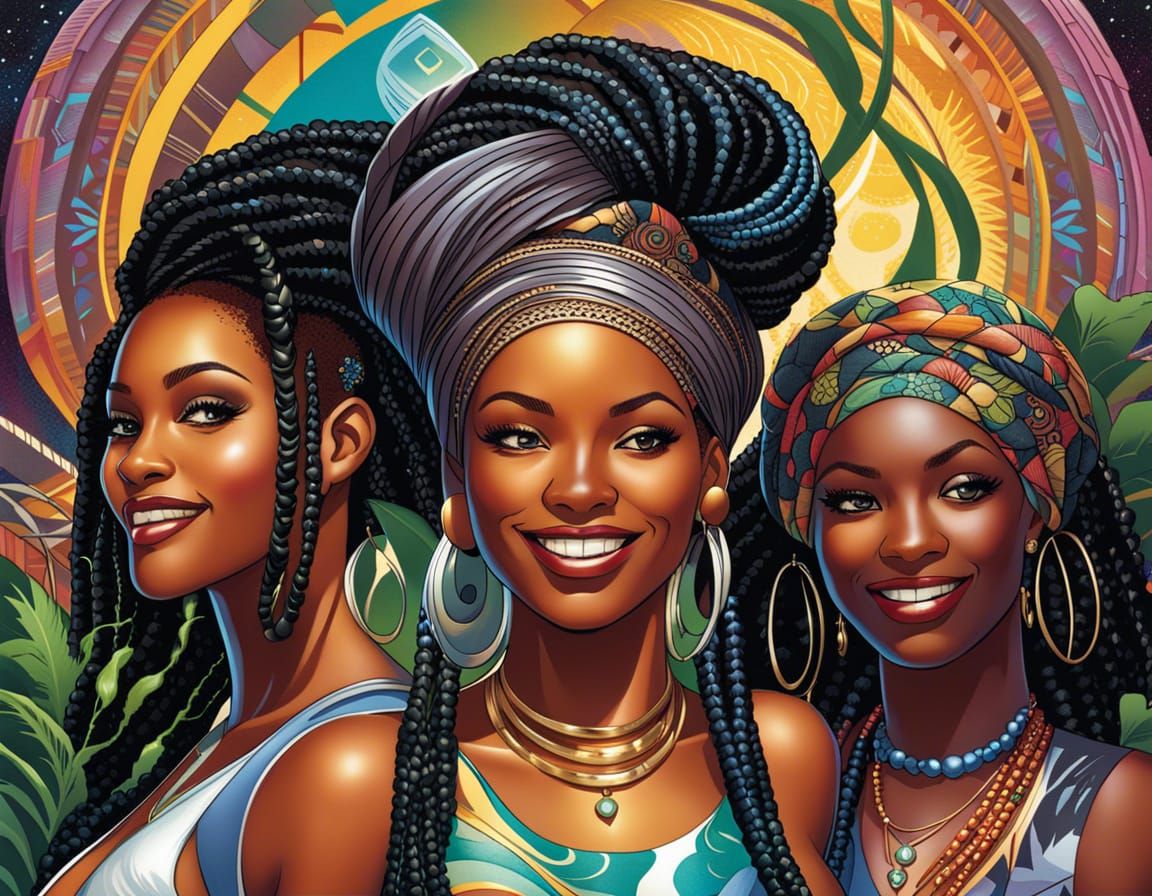 Happy Black Women in Afrofuturist Garden Portrait