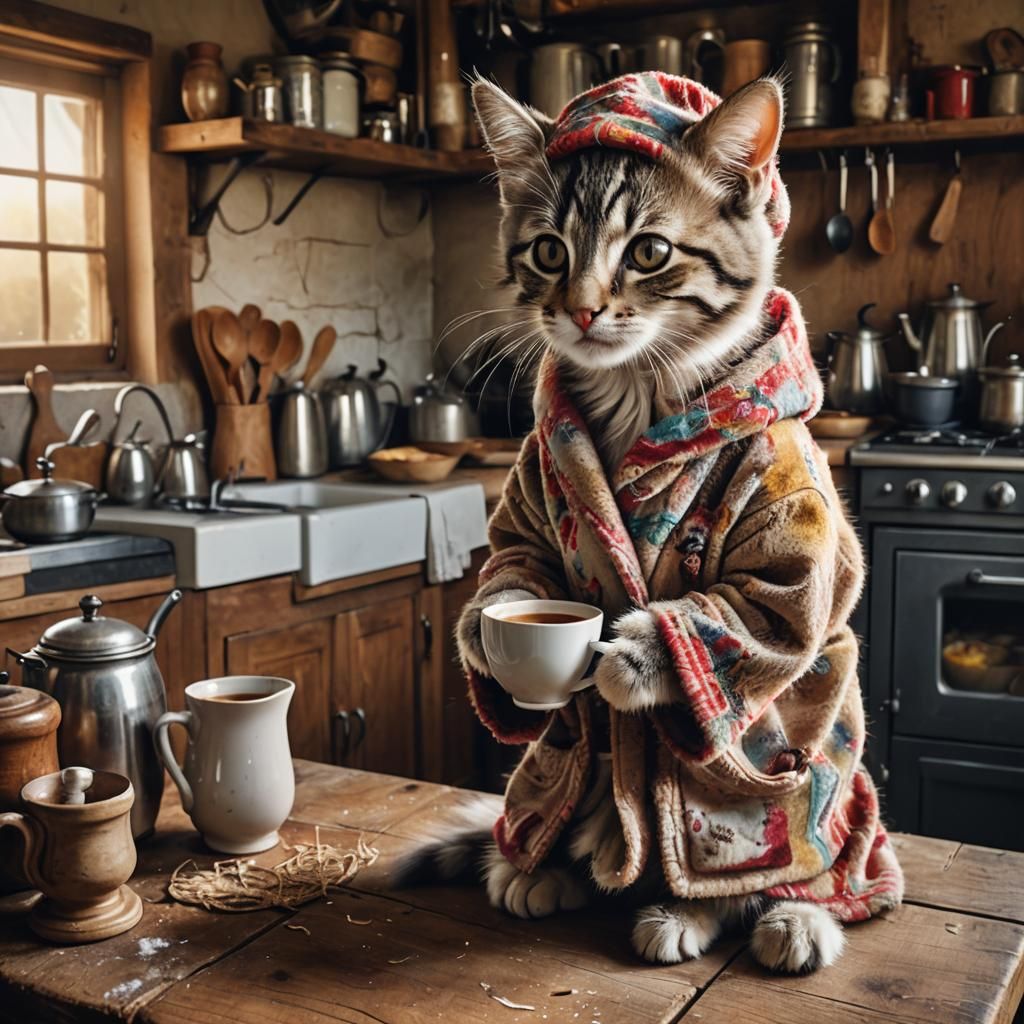 Kitten in Dressing Gown: Hyperrealistic Kitchen Scene