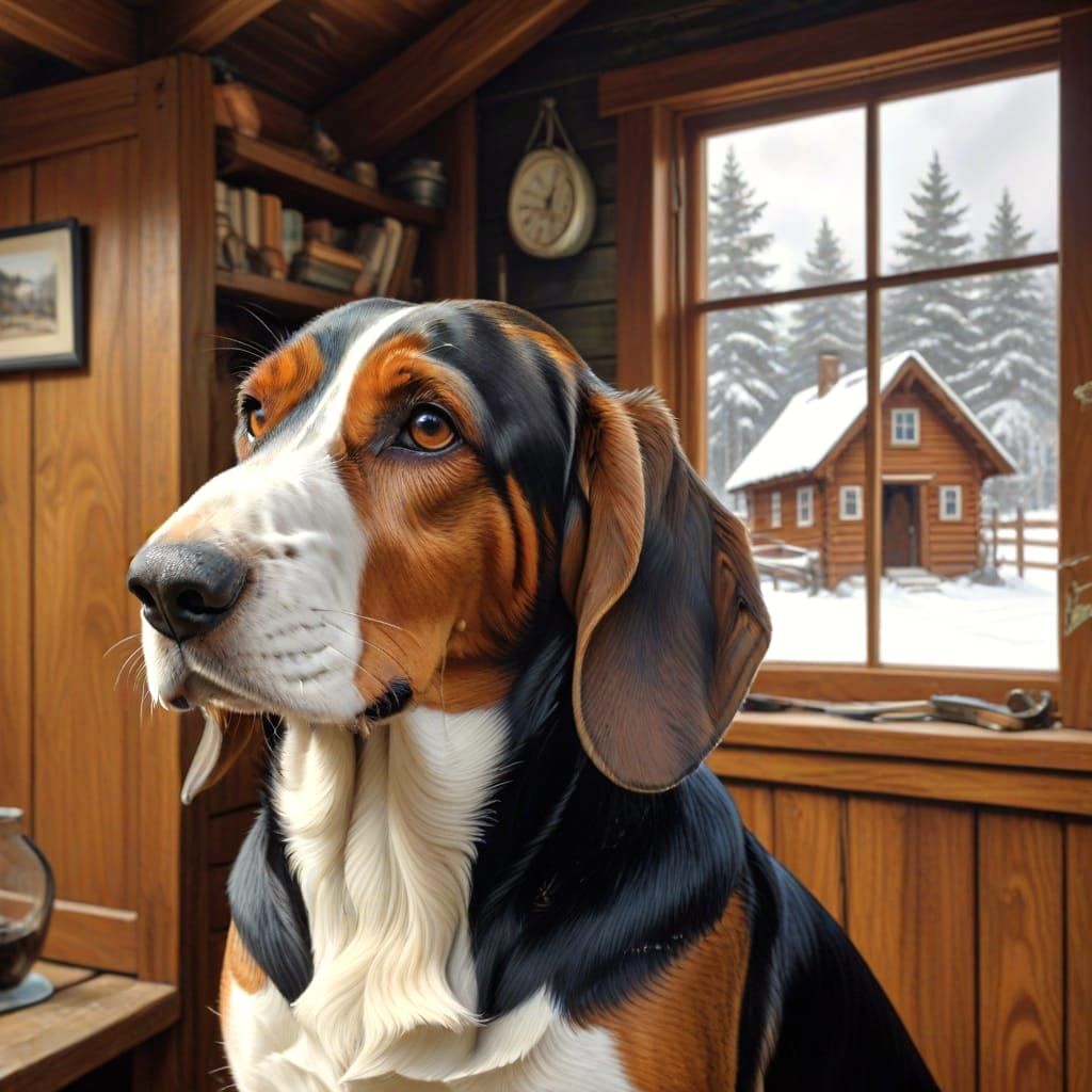 Wise Basset Hound in Cozy Cabin, Hyperdetailed