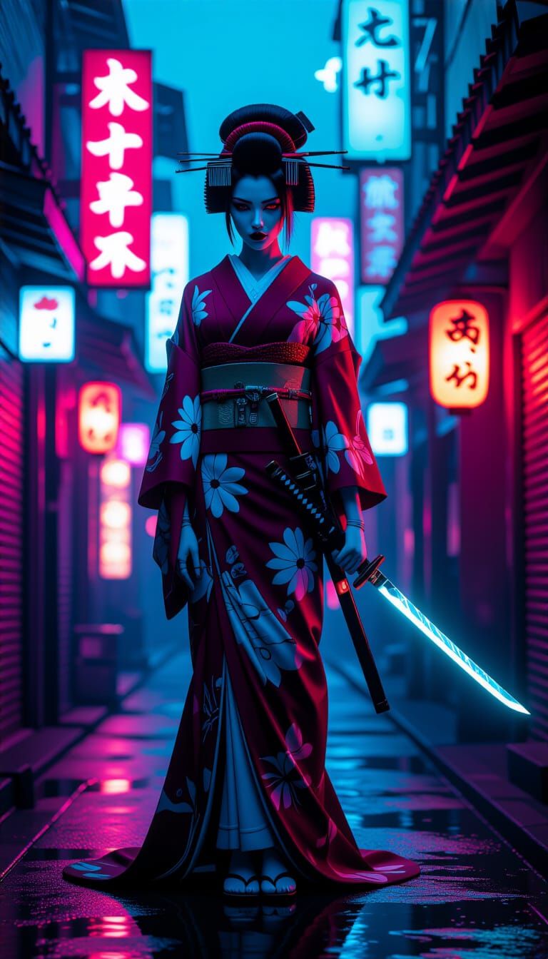 Cyberpunk Geisha in Neon Alleyway