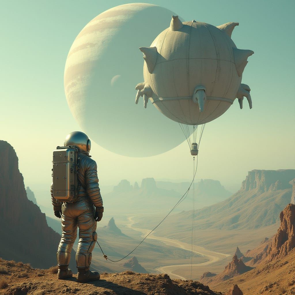 Astronaut with Metallic Dragon Balloon in Alien Landscape