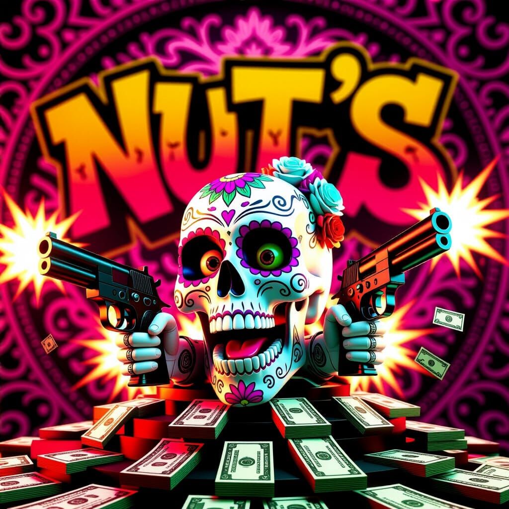 Graffiti Text "NUT'S" on Muerte Background with Sugar Skull
