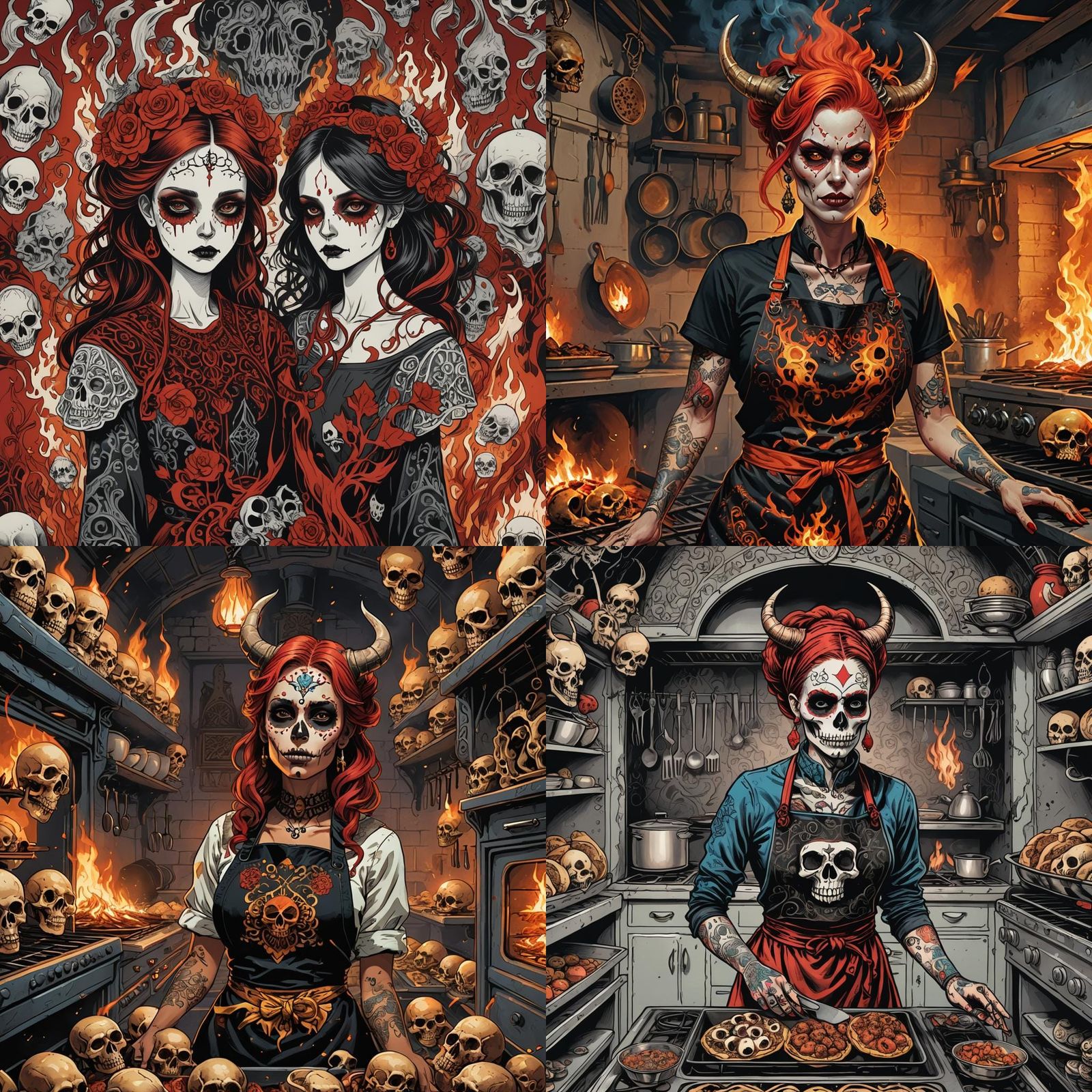 Red-Skinned Woman with Skulls in Comic Style