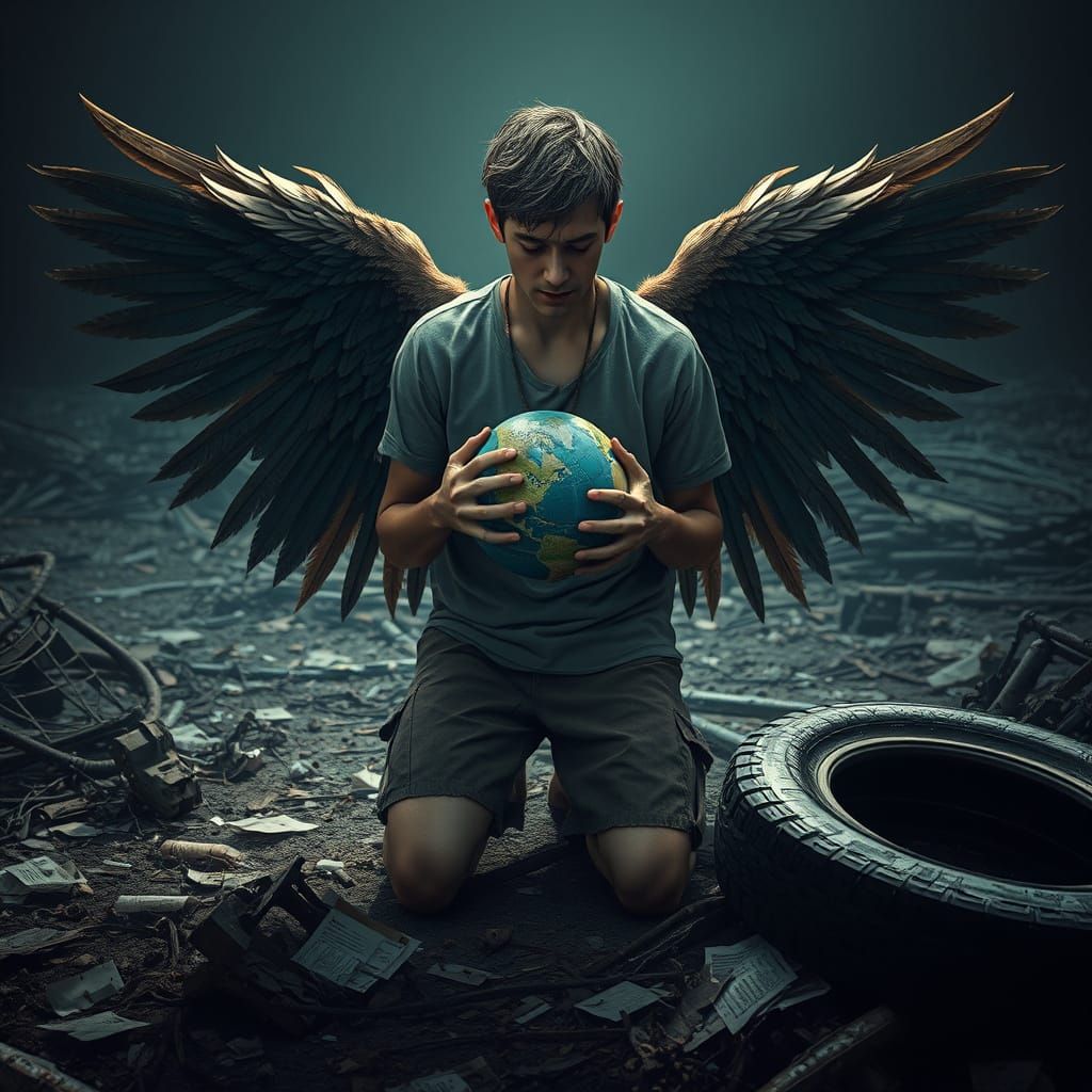 Somber Figure with Weathered Wings in Desolate Post-Apocalyp...