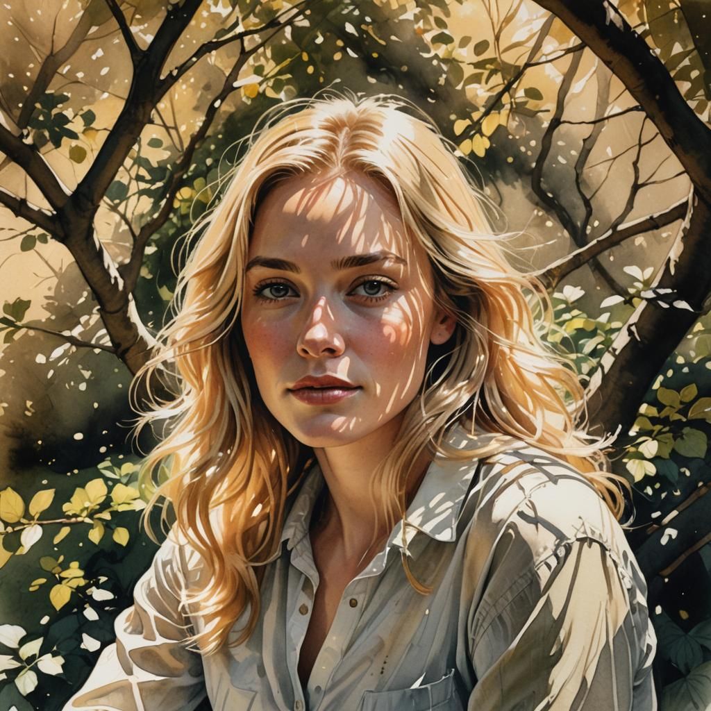 Sunlit Portrait of Woman in Garden as Oil Painting