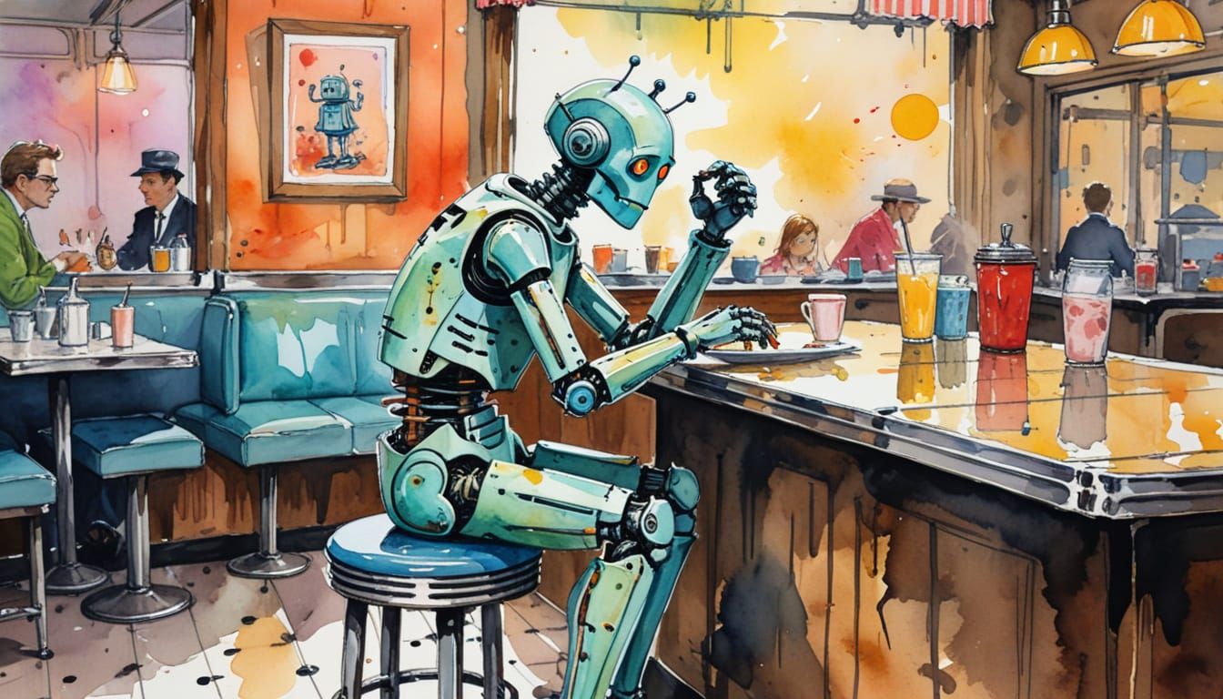 Quentin Blake-Inspired Robot in 50s Diner